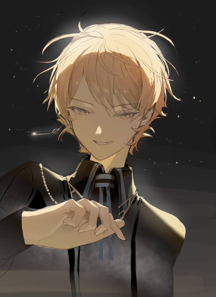 1boy, black_background, black_shirt, blonde_hair, collared_shirt, earrings, fingernails, hand_up, highres, jewelry, korean_commentary, long_sleeves, maengkkong8852, male_focus, multicolored_hair, necklace, necktie, official_alternate_costume, official_alternate_hairstyle, orange_hair, project_sekai, shirt, short_hair, smile, solo, striped_clothes, teeth, tenma_tsukasa, upper_body, yellow_eyes