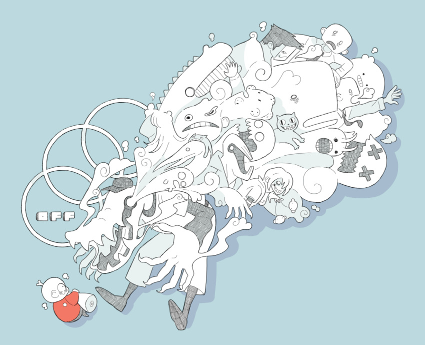 2girls, 6+boys, add-on_(off), baseball_cap, baseball_uniform, blue_background, body_horror, claws, commentary, crying, cuptoast, dedan_(off), elsen_(off), empty_eyes, english_commentary, enoch_(off), food, ghost, grin, hat, holding, horns, japhet, long_sleeves, looking_to_the_side, meat, monster_boy, multiple_boys, multiple_girls, necktie, off_(game), open_mouth, outstretched_arm, red_shirt, shirt, smile, spectre_(off), spoilers, sportswear, sucre_(off), teeth, the_judge_(off), the_queen_(off), tongue, zacharie_(off)