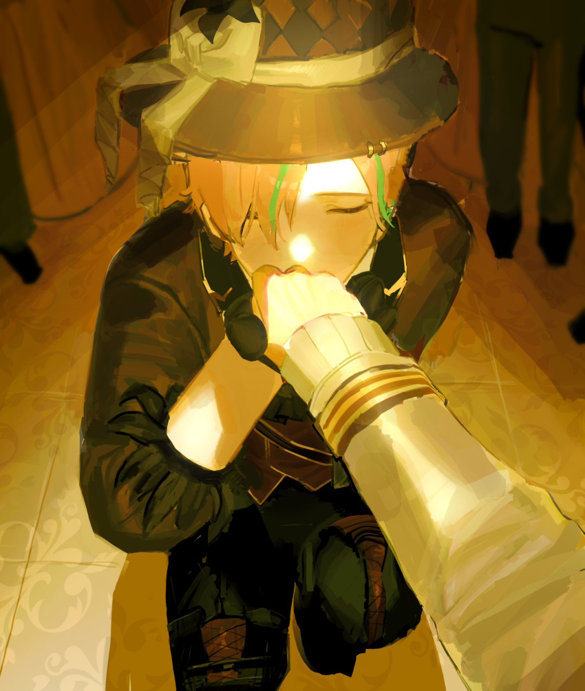 1boy, black_gloves, black_pants, blonde_hair, blush, closed_eyes, crowd, gloves