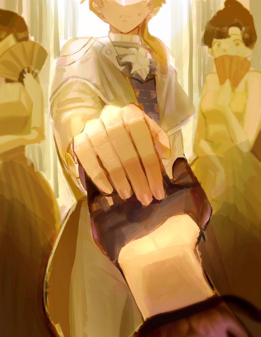 1boy, 2girls, ascot, bare_shoulders, black_dress, black_gloves, black_hair, blonde_hair