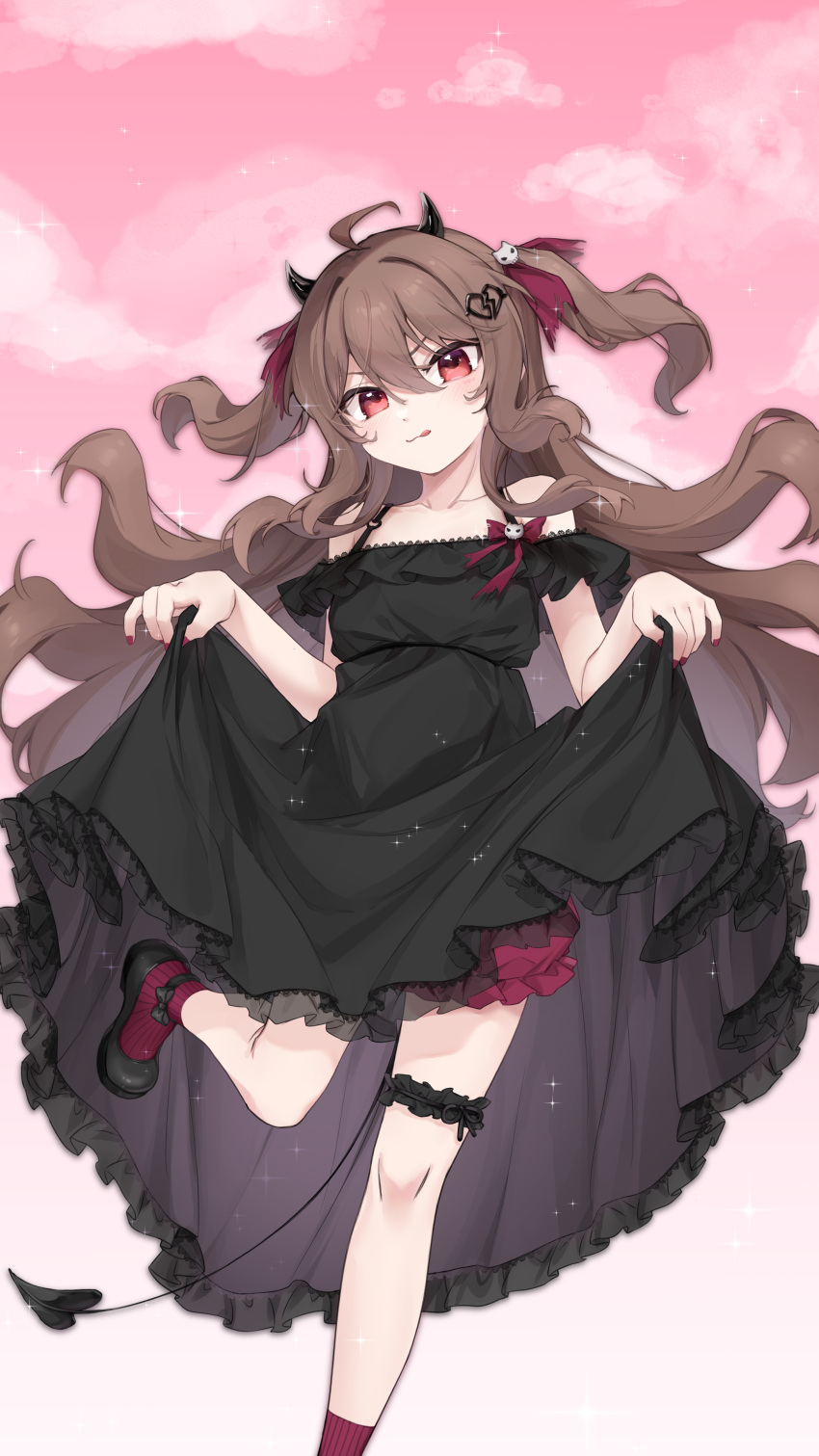 1girl, :d, absurdres, ahoge, alternate_costume, black_dress, black_ribbon, black_shoes