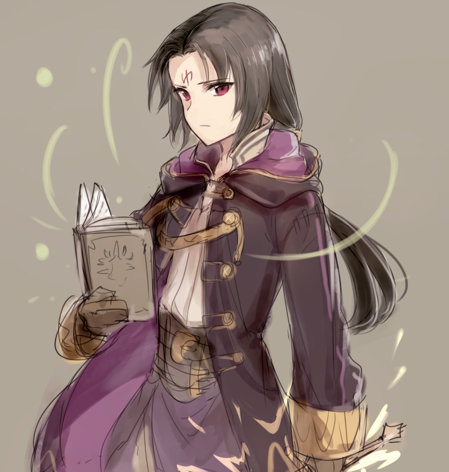 1boy, black_hair, book, brown_gloves, commentary_request, cosplay, facial_mark, fire_emblem