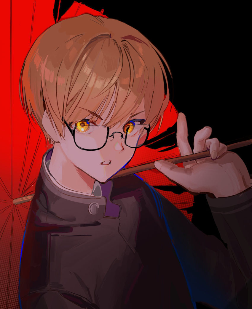 1boy, black-framed_eyewear, black_background, black_jacket, blonde_hair, gakuran, hand_up, highres