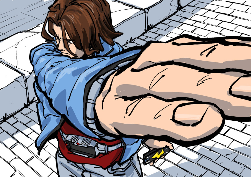 1boy, advent_deck, atsynd, belt, blue_jacket, brown_hair, henshin, henshin_pose, highres, jacket, kamen_rider, kamen_rider_ryuki, kamen_rider_ryuki_(series), kido_shinji, male_focus, outstretched_arm, parted_bangs, red_shirt, rider_belt, serious, shirt, solo, tokusatsu, v_buckle