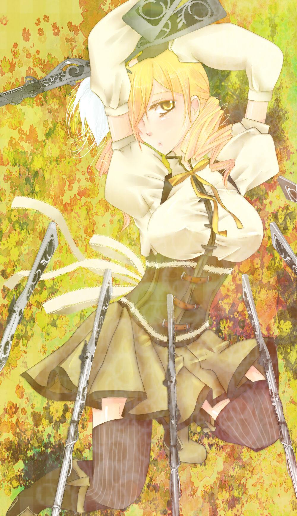 arms_over_head, arms_up, beret, blonde_hair, boots, breasts, corset, drill_hair