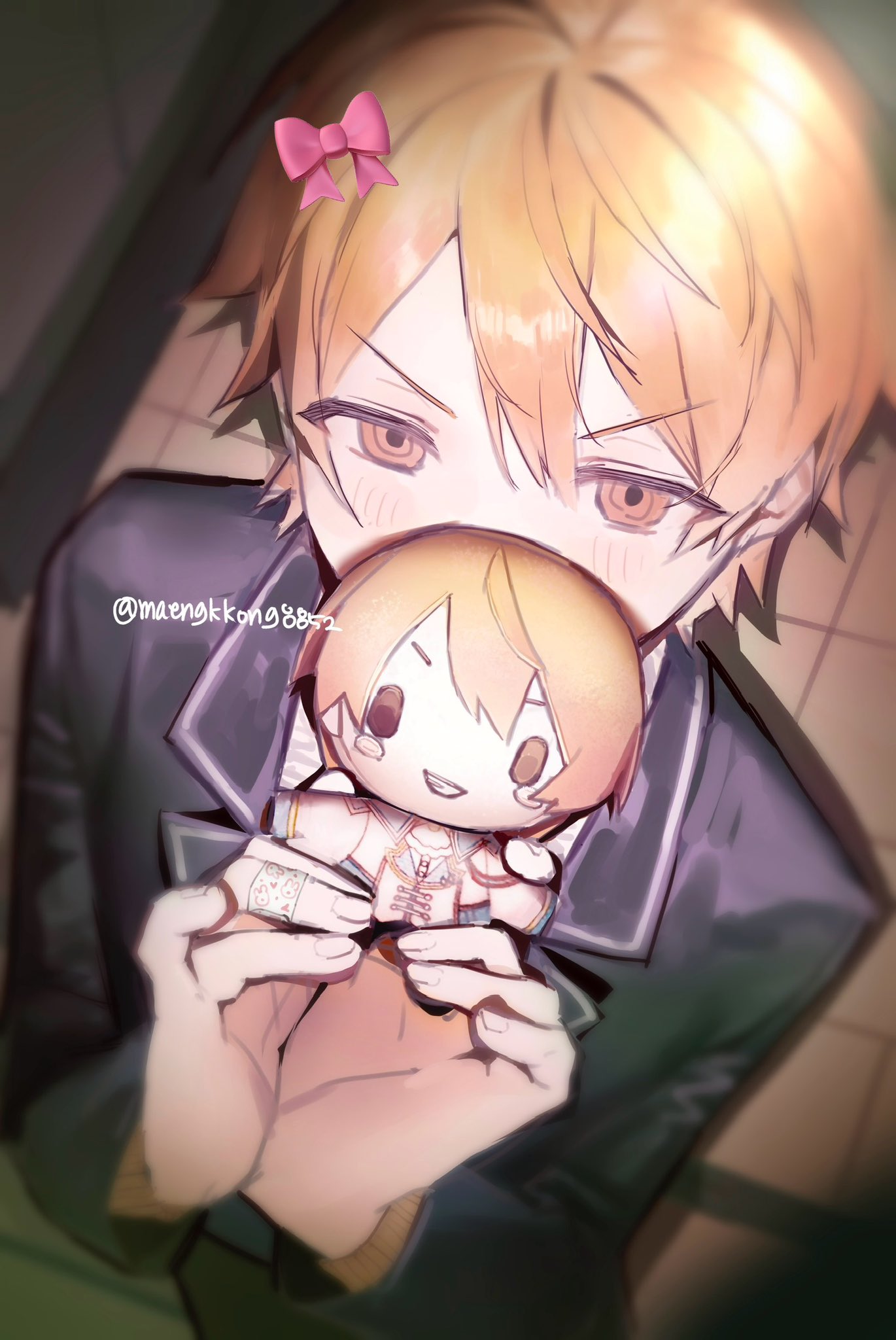 1boy, black_jacket, blazer, blonde_hair, blush, bow, cardigan, character_doll