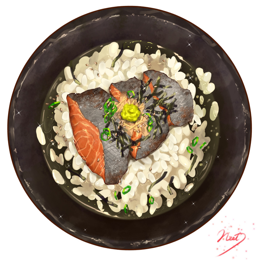 artist_name, bowl, commentary_request, fish_(food), food, food_focus, green_tea, highres
