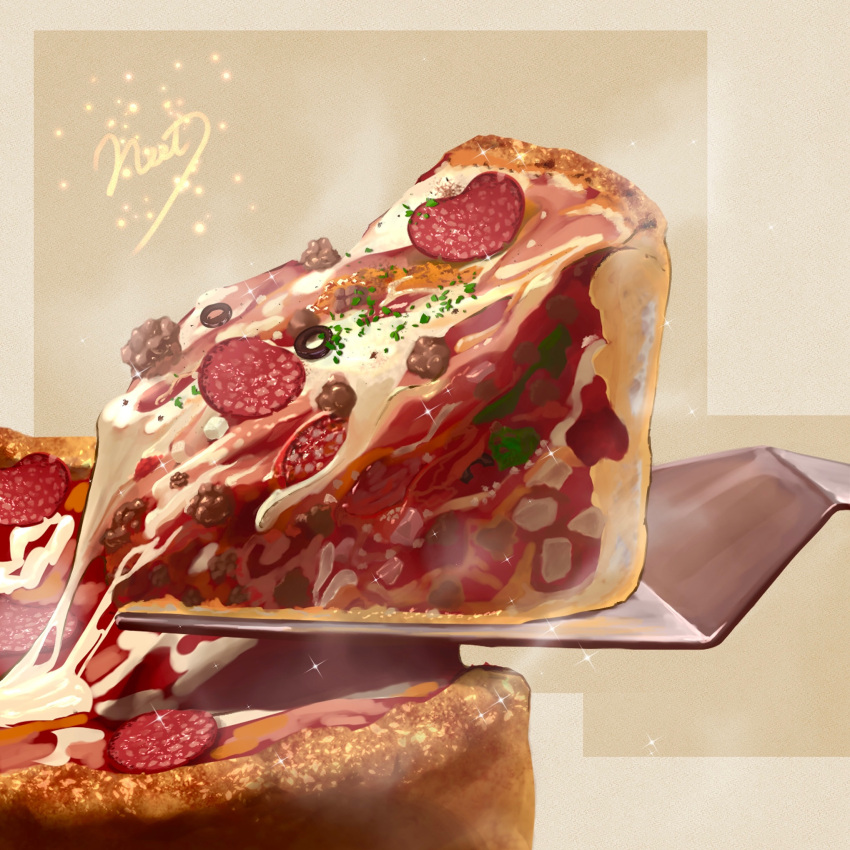artist_name, cheese, chicago_deep_dish_pizza, commentary_request, food, food_focus, highres, meat
