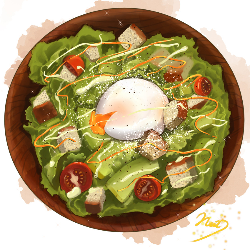 absurdres, artist_name, bowl, bread, cherry_tomato, commentary_request, food, food_focus, highres, neet_job, no_humans, original, salad, salad_dressing, softboiled_egg, tomato, white_background, wooden_bowl