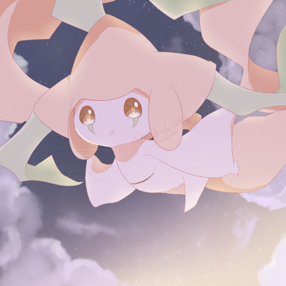 clouds, colored_skin, floating, full_body, jirachi, looking_at_viewer, mikurube_2290, night