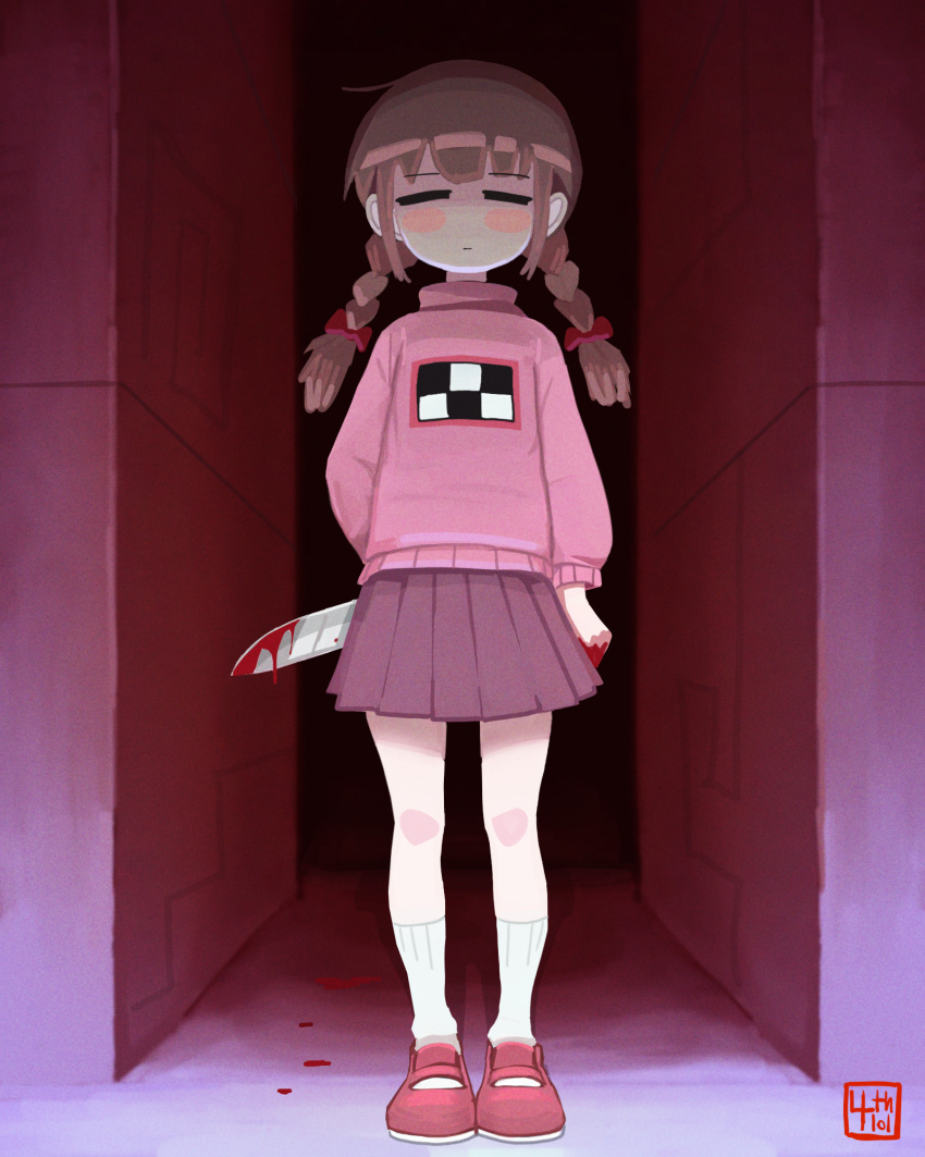 1girl, 4th_lol, blood, blood_on_knife, blood_trail, blush, braid, braided_twintails
