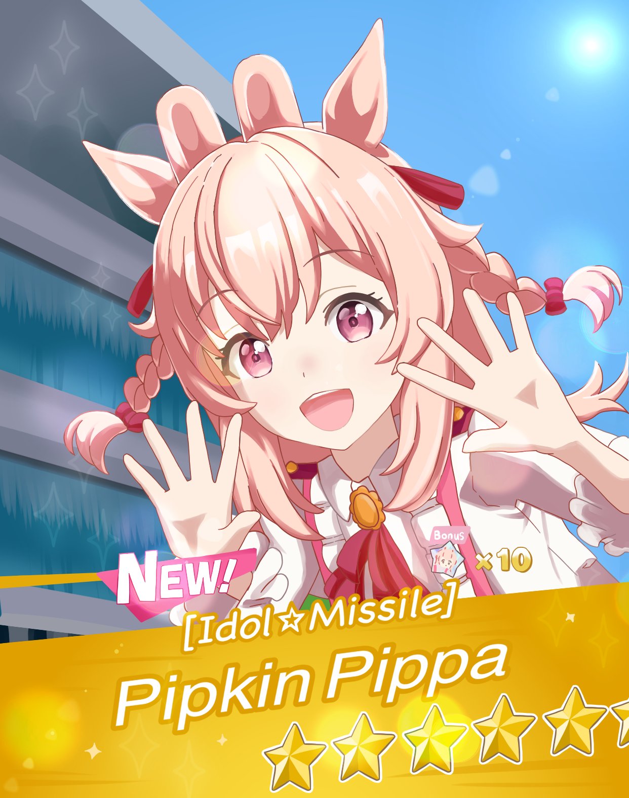 1girl, :d, animal_ears, blue_sky, center_frills, clear_sky, derivative_work, english_text, epaulettes, fake_screenshot, frills, gacha_(game_mechanic), hands_up, hashtag-only_commentary, highres, horse_ears, horse_girl, lens_flare, neckerchief, open_mouth, phase_connect, pink_eyes, pink_hair, pipkin_pippa, rabbit_ears, rabbit_girl, red_neckerchief, sky, smile, solo, sparkle, star_(symbol), sun, suspenders, thefaditto, umamusume, virtual_youtuber