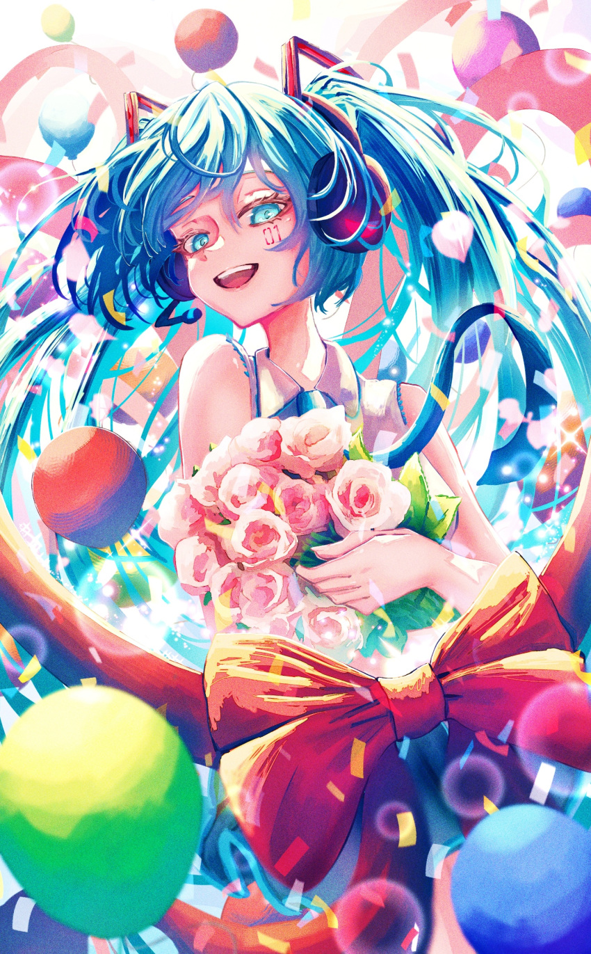 1girl, absurdres, aqua_eyes, artdroiiid_ii, balloon, blue_hair, blue_necktie, bouquet, bow, collared_shirt, commentary, confetti, eyelashes, facial_tattoo, film_grain, floating_clothes, flower, happy, hatsune_miku, headphones, highres, holding, holding_bouquet, long_hair, looking_at_viewer, necktie, number_tattoo, open_mouth, pink_flower, pink_rose, red_bow, rose, shirt, sleeveless, sleeveless_shirt, smile, solo, tattoo, twintails, vocaloid, wing_collar