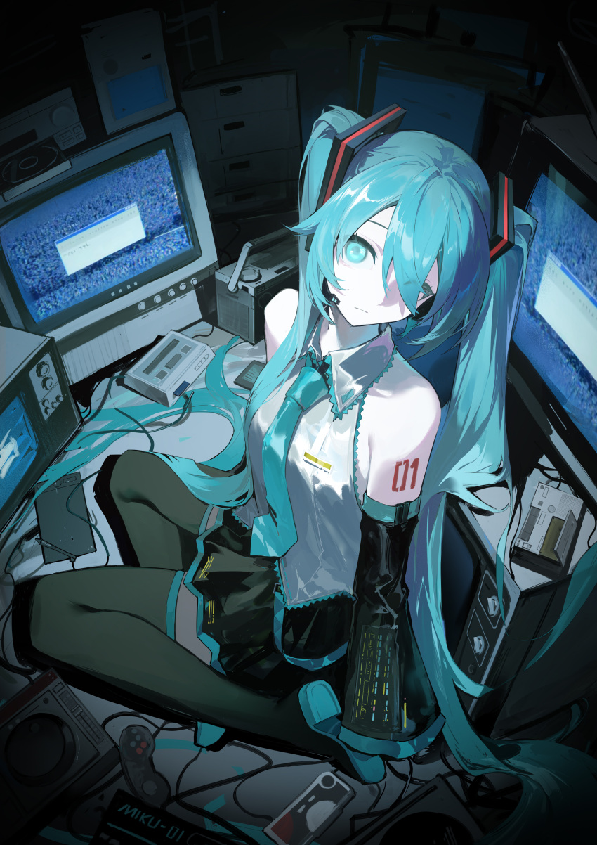 1girl, absurdres, aqua_eyes, aqua_hair, aqua_necktie, black_boots, black_skirt, black_sleeves