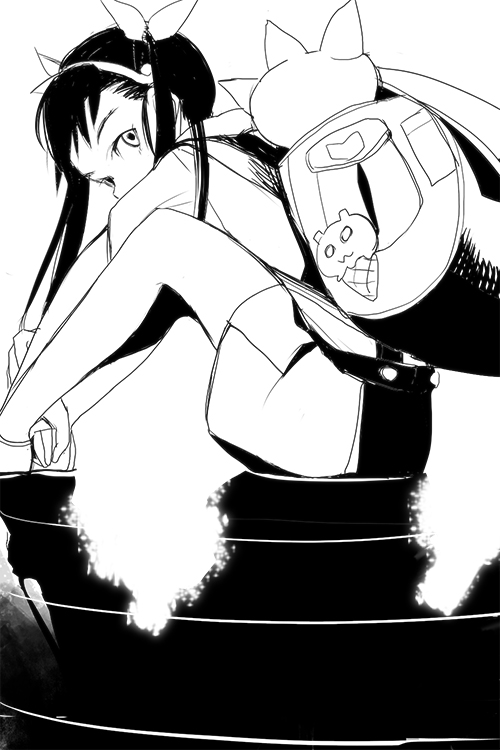 backpack, bag, bakemonogatari, hachikuji_mayoi, looking_back, monochrome, monogatari_(series), sitting
