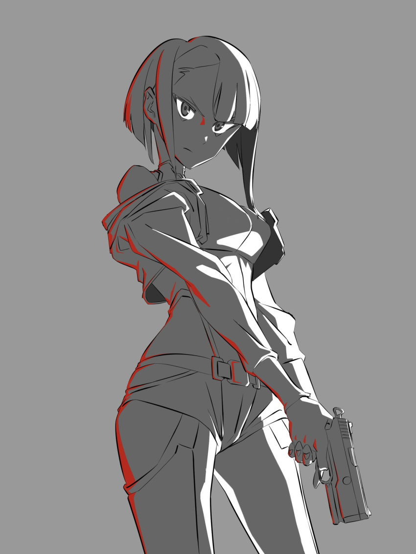 1girl, atsynd, belt, breasts, cyberpunk:_edgerunners, cyberpunk_(series), gun, highres