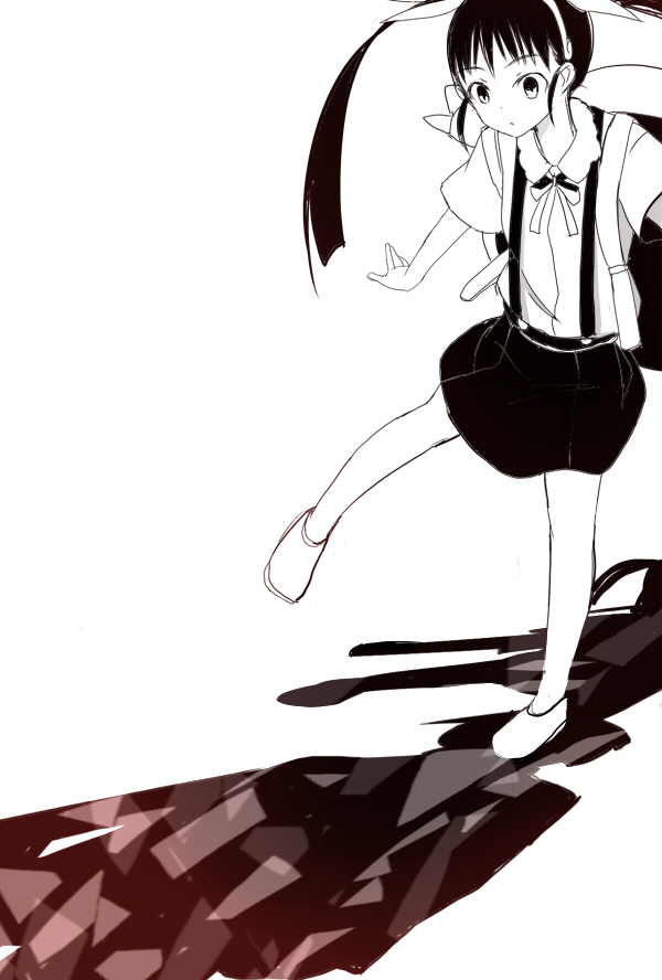 backpack, bag, bakemonogatari, hachikuji_mayoi, monochrome, monogatari_(series), outstretched_arms, solo