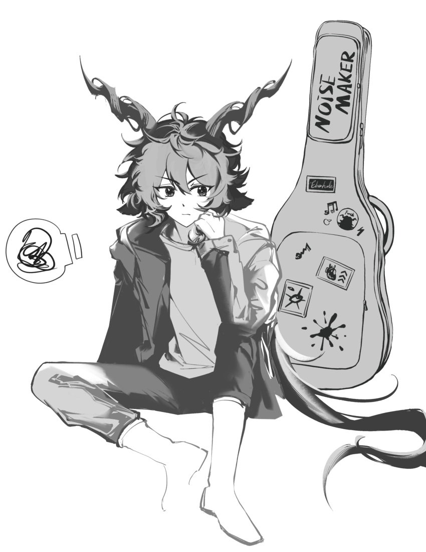 1boy, absurdres, animal_ears, arknights, chinese_commentary, closed_mouth, commentary_request, ebenholz_(arknights), full_body, greyscale, hair_between_eyes, highres, horns, instrument_case, jacket, long_hair, long_sleeves, male_focus, monochrome, open_clothes, open_jacket, pants, sitting, sketch, solo, very_long_hair, xianyao068