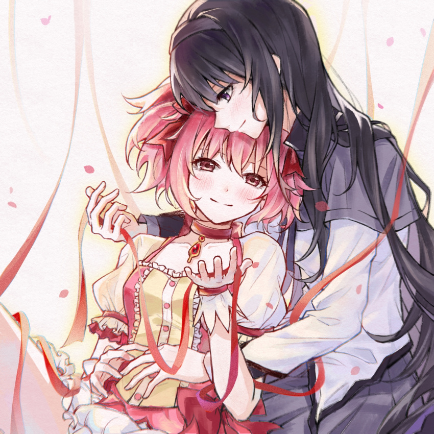 2girls, akemi_homura, akemi_homura_(magical_girl), black_hair, black_hairband, blush, chinese_commentary, choker