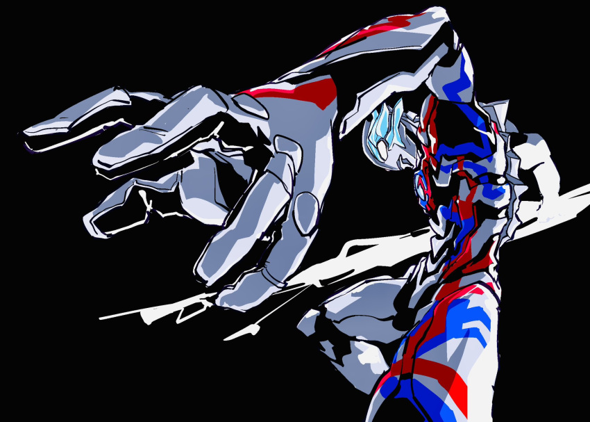 1boy, alien, atsynd, black_background, blue_horns, blue_skin, color_timer, colored_skin