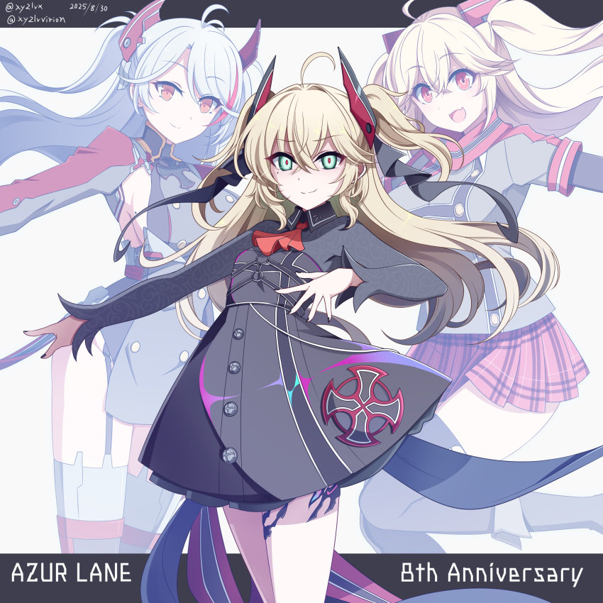 3girls, :d, absurdres, admiral_hipper_(azur_lane), admiral_hipper_(meta)_(azur_lane), anniversary, azur_lane, black_dress