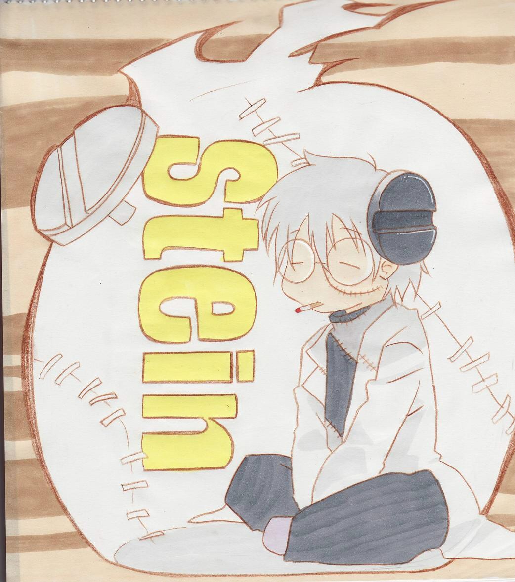 1boy, brown_background, character_name, cigarette, closed_eyes, coat, franken_stein_(soul_eater), lab_coat, object_through_head, round_eyewear, screw_in_head, sitting, smoking, solo, soul_eater, stitched_face, stitches, white_coat, white_hair, yumeututu