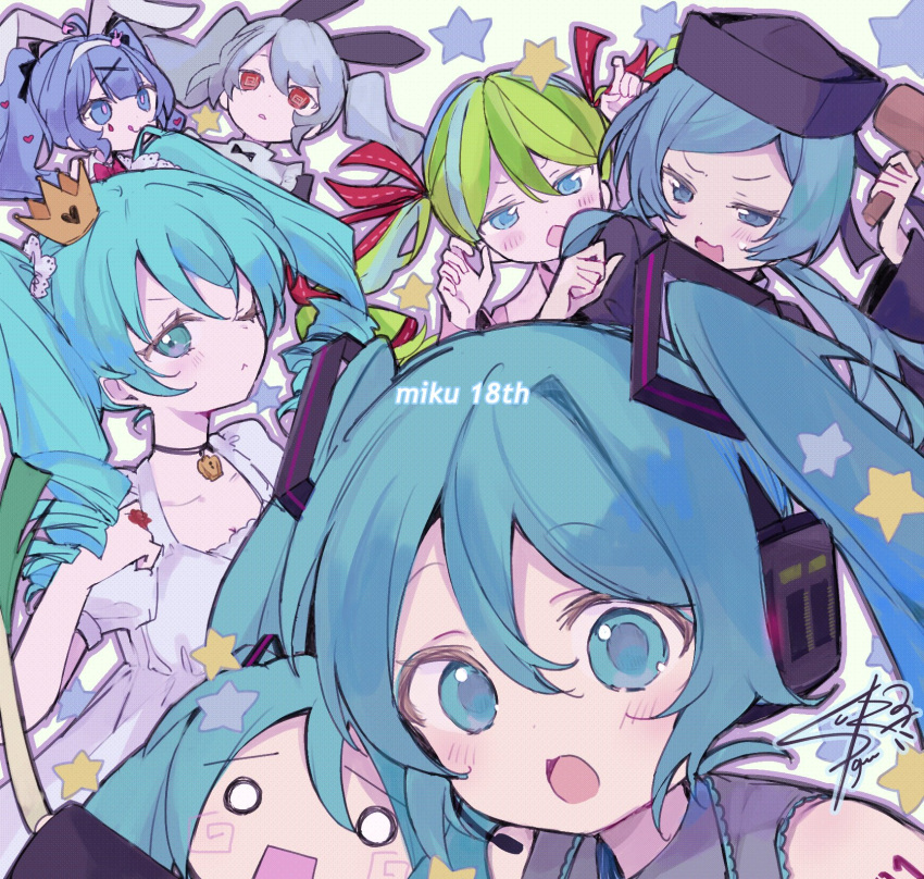 6+girls, :o, animal_ears, anniversary, aqua_eyes, aqua_hair, bare_shoulders, black_sleeves, blue_eyes, blue_hair, blush, chibi, choker, collared_shirt, crown, dress, drill_hair, fake_animal_ears, food, green_hair, grey_shirt, guu_(oyasumi_gu), hair_between_eyes, hair_ornament, hairband, hat, hatsune_miku, headphones, highres, holding, holding_food, holding_vegetable, jewelry, long_hair, looking_at_viewer, loveit_(vocaloid), miku_day, mini_crown, multiple_girls, multiple_persona, number_tattoo, one_eye_closed, open_mouth, puffy_sleeves, rabbit_ears, rabbit_hole_(vocaloid), red_eyes, red_ribbon, ren'ai_saiban_(vocaloid), ribbon, shirt, short_sleeves, signature, sleeveless, sleeveless_shirt, smile, spring_onion, star_(symbol), tattoo, tongue, tongue_out, twin_drills, twintails, vegetable, vocaloid, white_dress, world_is_mine_(vocaloid), x_hair_ornament
