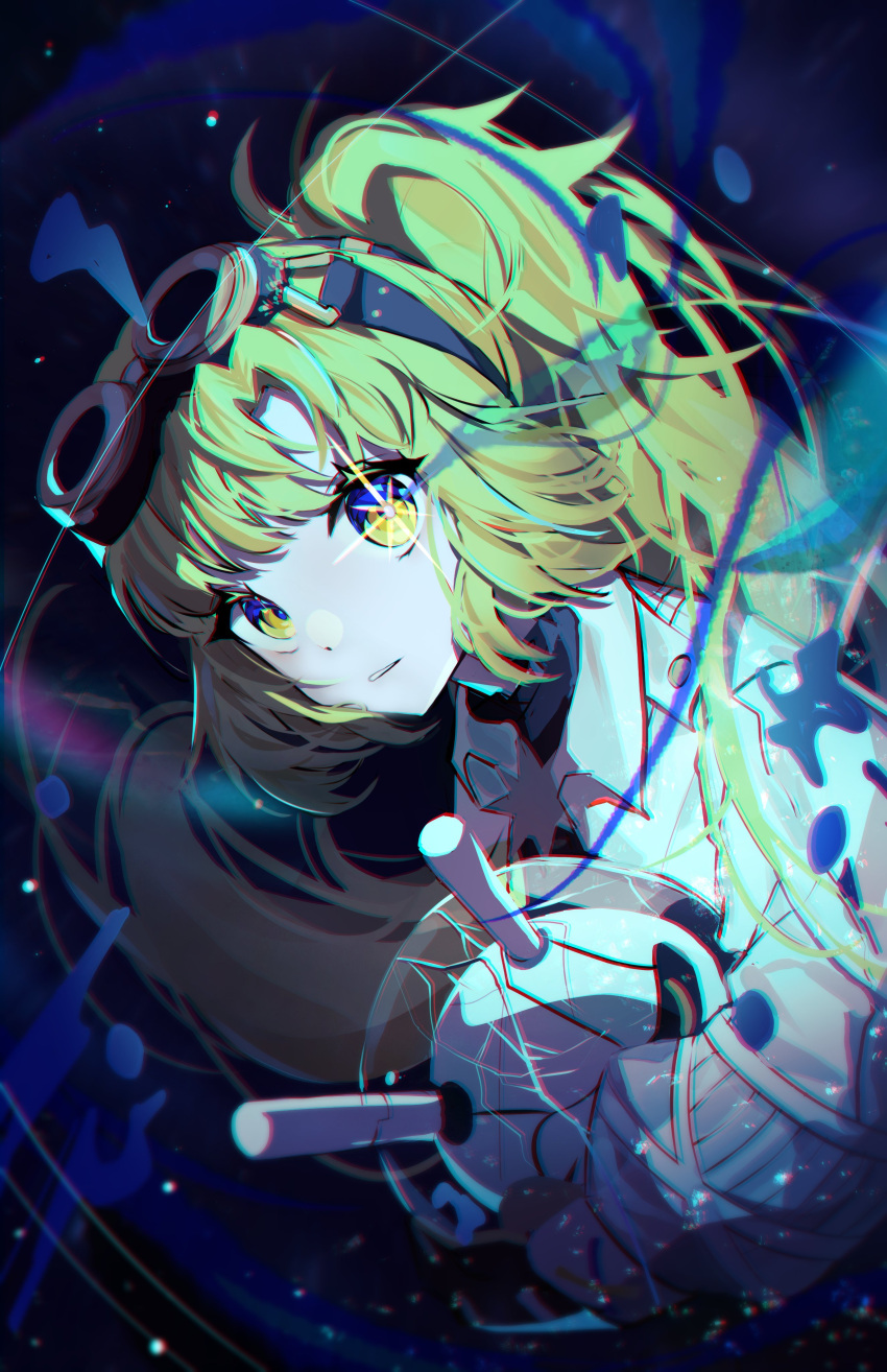 1girl, absurdres, arcaea, black_shirt, blonde_hair, blue_eyes, breasts, curtained_hair