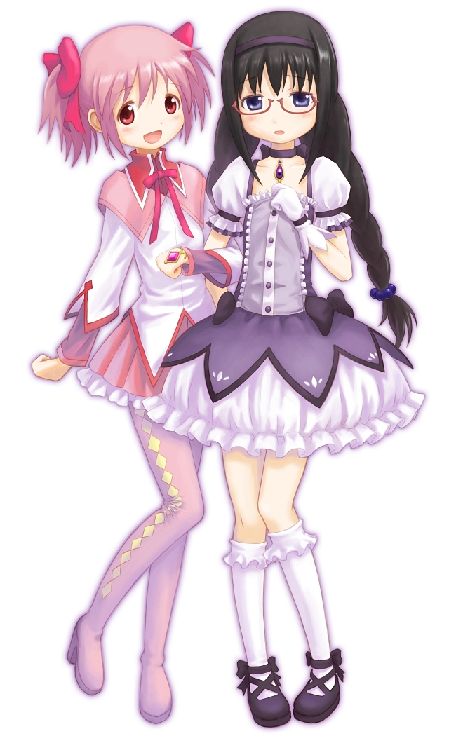:d, akemi_homura, alternate_color, alternate_hairstyle, arm_grab, black_hair, blue_eyes, blush