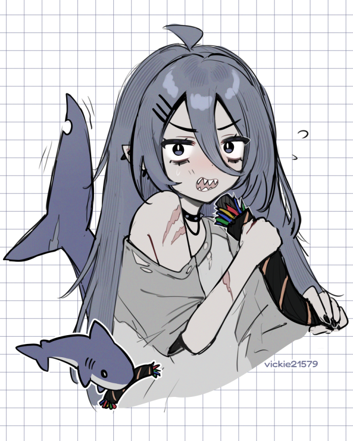 1girl, animal, bags_under_eyes, blue_eyes, blue_hair, cable, choker, english_commentary