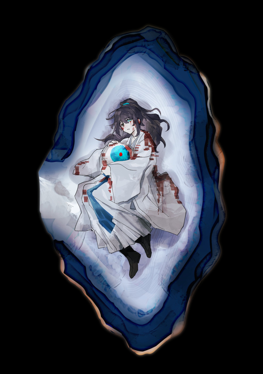 1boy, absurdres, agate, black_background, black_eyes, black_hair, black_shoes, blood