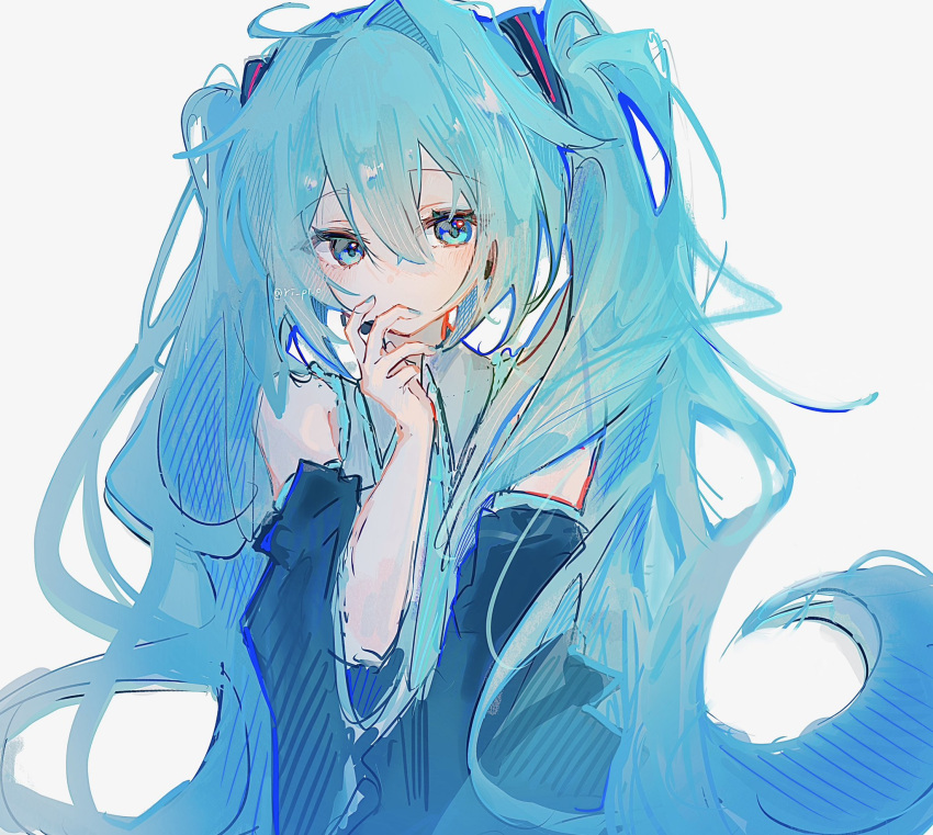 1girl, aqua_eyes, aqua_hair, bare_shoulders, black_sleeves, blue_eyes, blue_hair, closed_mouth, collared_shirt, detached_sleeves, grey_shirt, hair_between_eyes, hand_on_own_chin, hand_up, hatsune_miku, highres, long_hair, looking_at_viewer, necktie, ri_pi_o, shirt, simple_background, sleeveless, sleeveless_shirt, solo, twintails, upper_body, very_long_hair, vocaloid, white_background, wide_sleeves