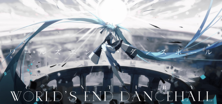 1girl, absurdly_long_hair, black_skirt, blue_hair, blurry, boots, centurytruren, detached_sleeves