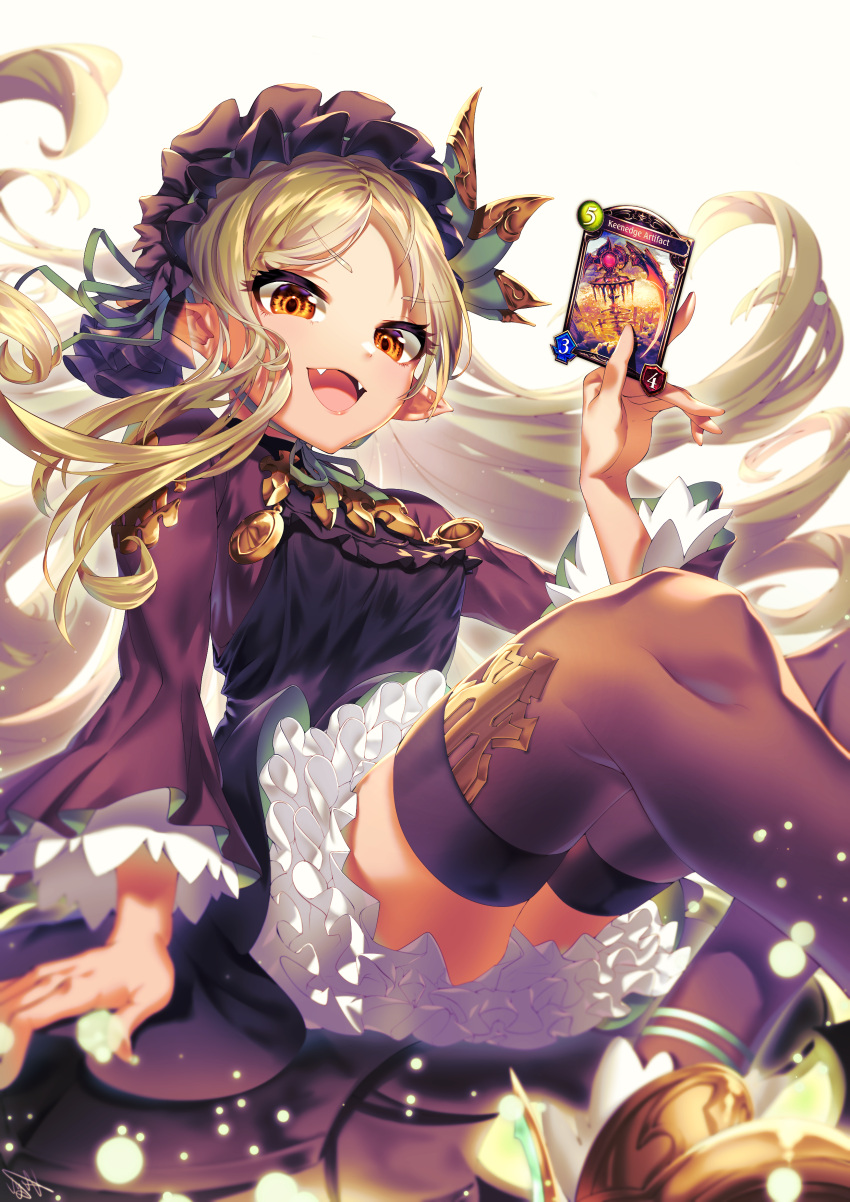 1girl, absurdres, acuma, black_thighhighs, blonde_hair, bonnet, card, dress