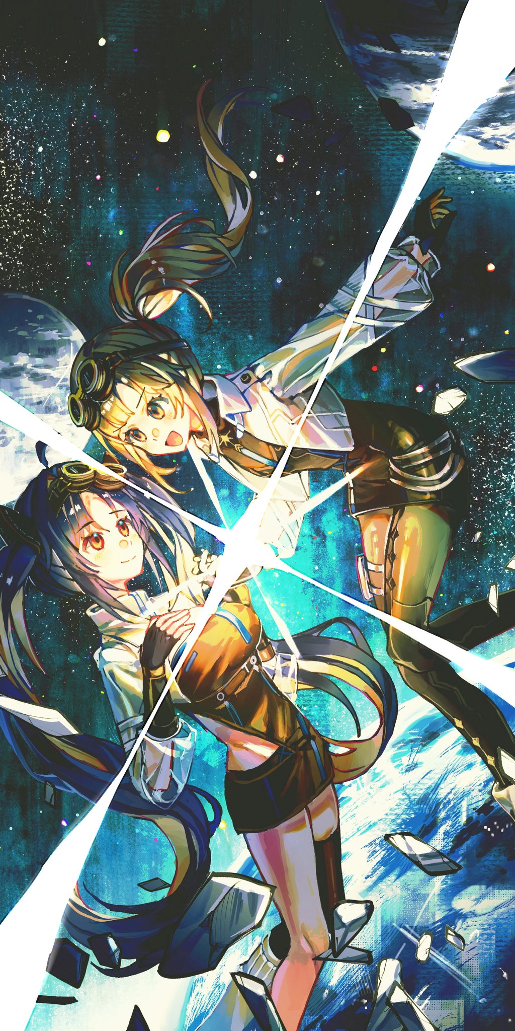 2girls, arcaea, black_gloves, black_shirt, black_skirt, black_thighhighs, blonde_hair, blue_eyes