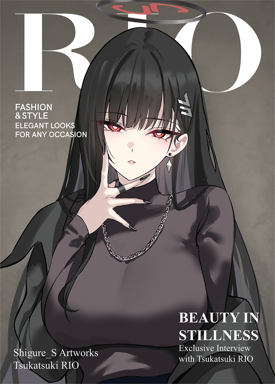 1girl, alternate_costume, black_hair, black_halo, black_nails, blue_archive, breasts, cover, earrings, english_text, fake_magazine_cover, hair_ornament, hairpin, halo, hands_on_own_face, highres, jewelry, long_hair, looking_at_viewer, magazine_cover, millennium_science_school_logo, necklace, off_shoulder, red_eyes, rio_(blue_archive), second-party_source, shigure_s, solo, turtleneck