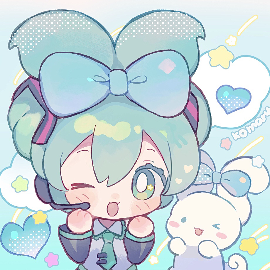 >_o, 1girl, :3, ;d, black_sleeves, blue_background, blue_bow, blue_eyes, blue_hair, blue_necktie, blush, bow, bright_pupils, chibi, chibi_only, cinnamiku, cinnamoroll, collared_shirt, commentary_request, detached_sleeves, double-parted_bangs, fuwa_fuwa_cinnamoroll, hair_between_eyes, hair_bow, hands_up, hatsune_miku, headset, heart, long_sleeves, looking_at_viewer, milkyway080, necktie, one_eye_closed, open_mouth, sanrio, shirt, short_hair, sleeveless, sleeveless_shirt, smile, solo, tie_clip, twintails, updo, upper_body, vocaloid, white_pupils