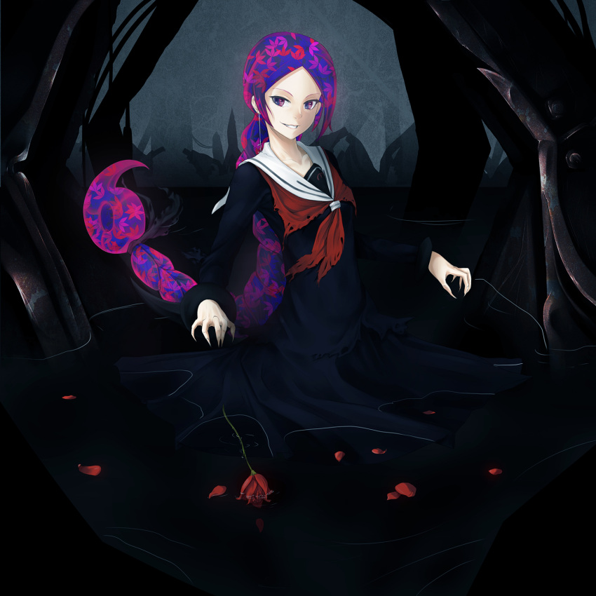 1girl, black_serafuku, fingernails, flower, gradient_hair, highres, long_fingernails, multicolored_hair