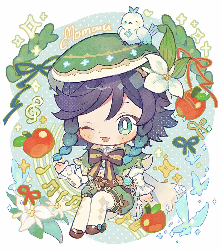1boy, :3, ;d, apple, black_hair, blue_background, blush_stickers, bow