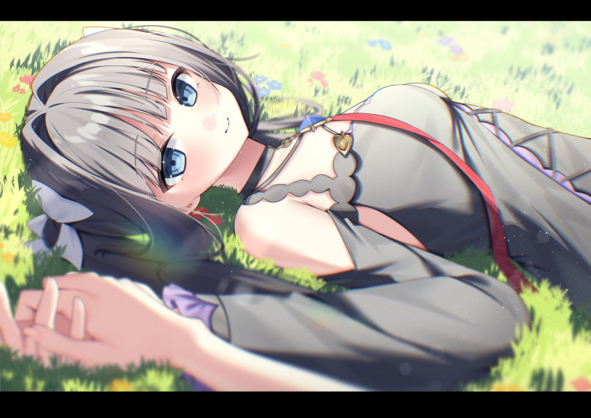 1girl, absurdres, arcaea, bare_shoulders, black_dress, black_hair, black_ribbon, blue_eyes, blue_flower, bow, cross-laced_clothes, cross-laced_dress, detached_sleeves, dress, female_pov, flower, frilled_dress, frilled_sleeves, frills, hair_bow, highres, holding_hands, layered_dress, long_hair, long_sleeves, mayoyoriketyaha, pov, pov_hands, ribbon, sleeveless, sleeveless_dress, tairitsu_(arcaea), tairitsu_(reunion)_(arcaea), very_long_hair, white_bow