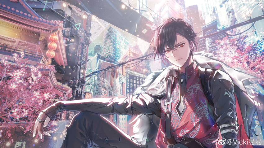 1boy, absurdres, architecture, arm_on_knee, arm_support, arm_warmers, armlet, artist_name