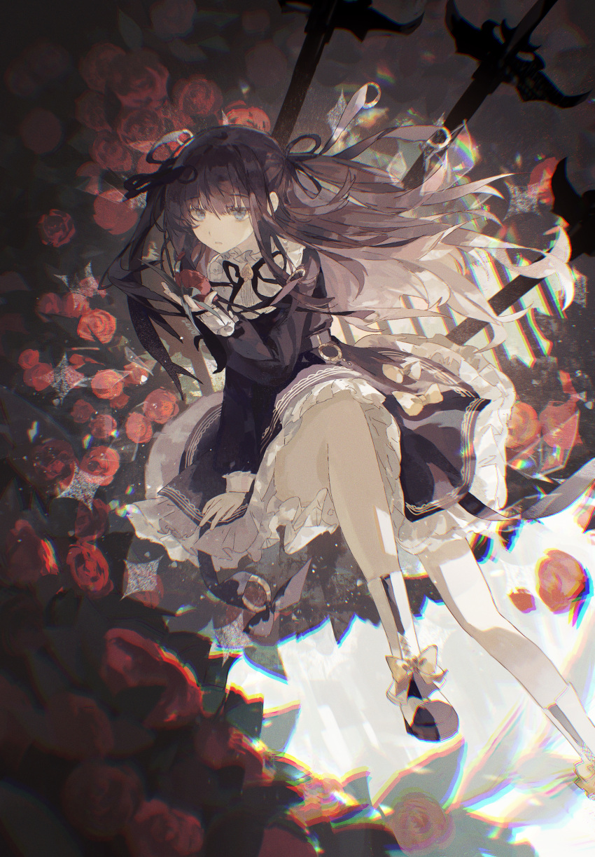 1girl, :o, absurdres, arcaea, black_dress, black_hair, black_ribbon, black_shoes