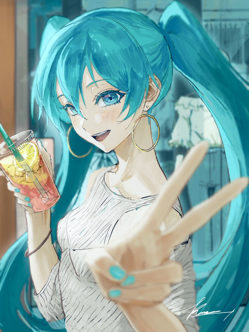 1girl, absurdres, aqua_eyes, aqua_hair, aqua_nails, blush, bracelet, casual, commentary_request, cup, disposable_cup, drink, drinking_straw, earrings, food, fruit, hatsune_miku, highres, holding, holding_cup, hoop_earrings, ice, ice_cube, jewelry, lemon, lemon_slice, long_hair, looking_at_viewer, open_mouth, ratte_(cf), smile, solo, sweater, teeth, upper_body, upper_teeth_only, v, vocaloid, white_sweater
