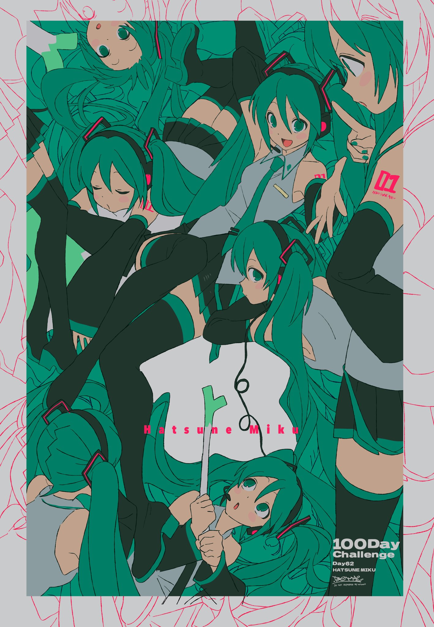 :o, aqua_eyes, aqua_hair, aqua_nails, aqua_necktie, arm_up, armpits, bare_shoulders, betti_(xx_betti), black_skirt, black_sleeves, boots, character_name, closed_eyes, collared_shirt, detached_sleeves, food, grey_shirt, hatsune_miku, headphones, headset, highres, holding, holding_food, holding_vegetable, long_hair, looking_at_viewer, lying, miniskirt, multiple_views, nail_polish, necktie, open_mouth, outstretched_arm, pleated_skirt, profile, shirt, sitting, skirt, sleeveless, sleeveless_shirt, smile, spring_onion, tattoo, thigh-highs, thigh_boots, twintails, upside-down, vegetable, very_long_hair, vocaloid, zettai_ryouiki