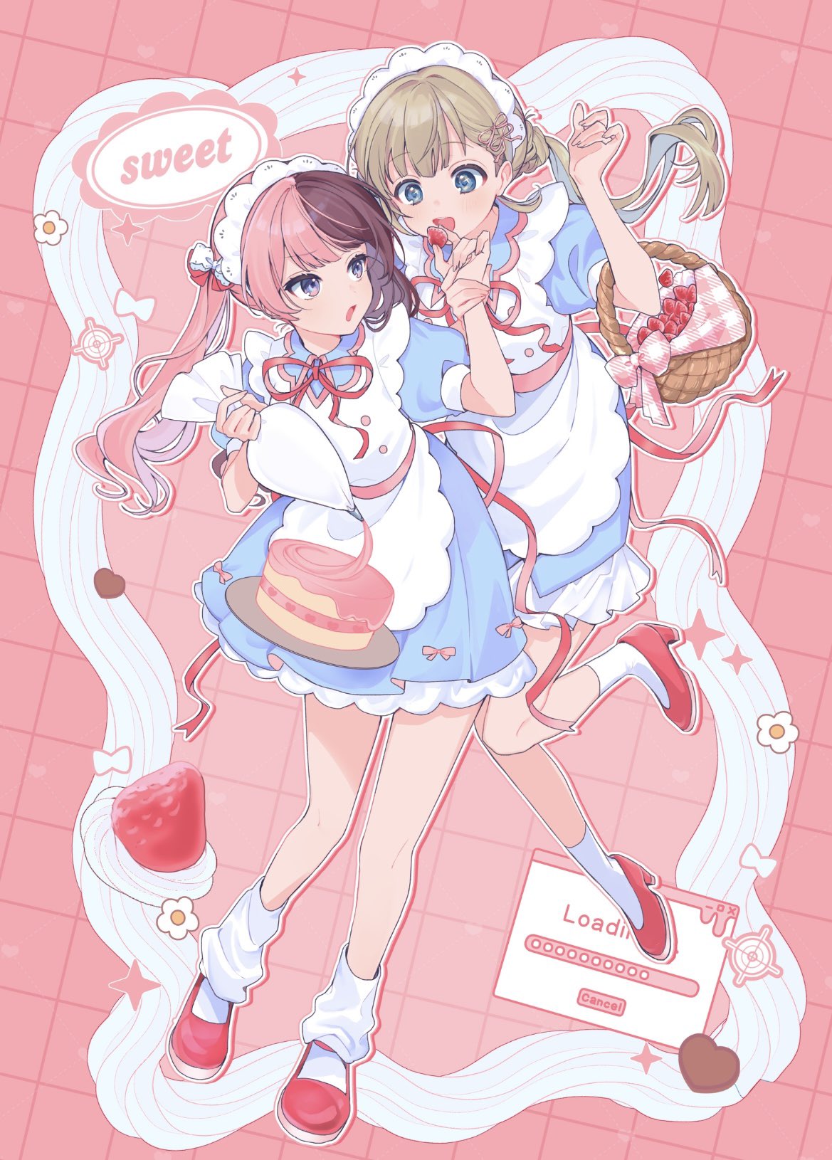 2girls, alternate_costume, alternate_hairstyle, annoyed, apron, bare_legs, basket, blue_dress