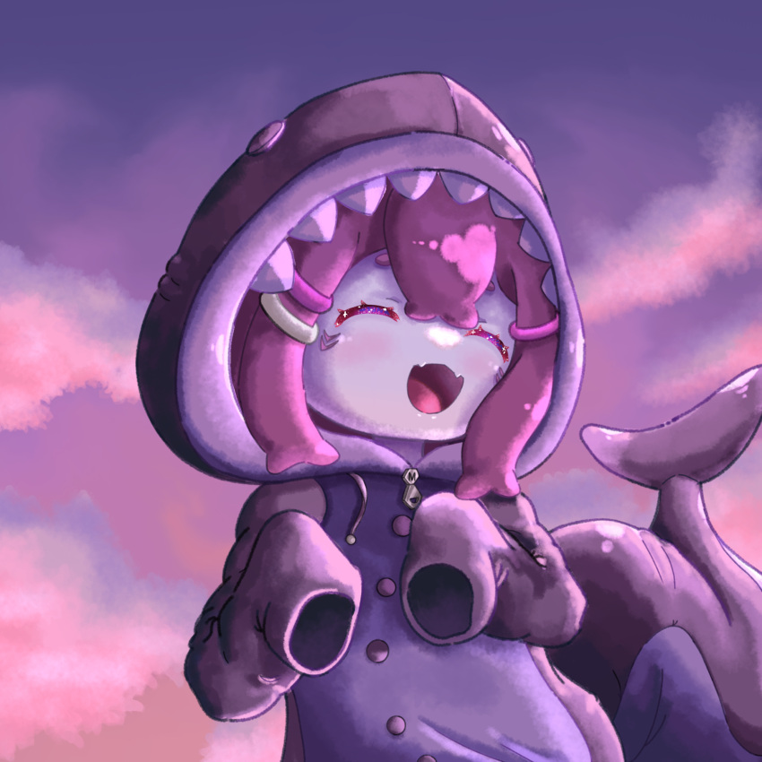 1girl, animal_hood, chibi, closed_eyes, clouds, colored_skin, eyelashes, fangs, fins, fish_tail, grey_skin, hair_ornament, hairclip, highres, hood, hood_up, indie_virtual_youtuber, megalodon_(vtuber), official_alternate_costume, onesie, open_mouth, purple_hair, shark_hood, shark_tail, sidelocks, skin_fangs, sky, sleeves_past_wrists, smile, solo, tail, terartc, upper_body, virtual_youtuber