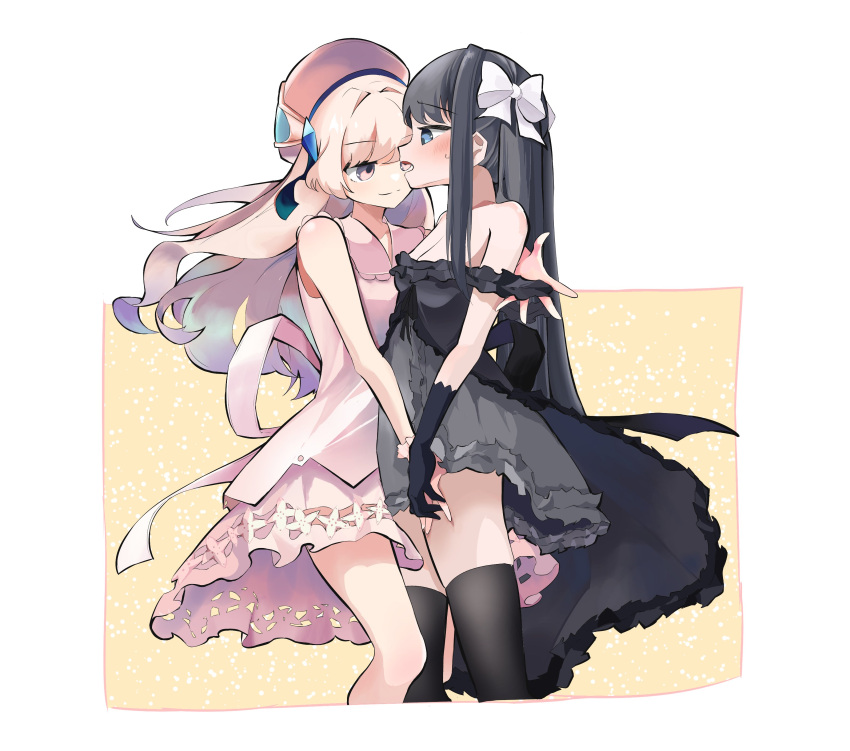 2girls, absurdres, arcaea, bare_shoulders, beret, black_camisole, black_dress, black_pantyhose
