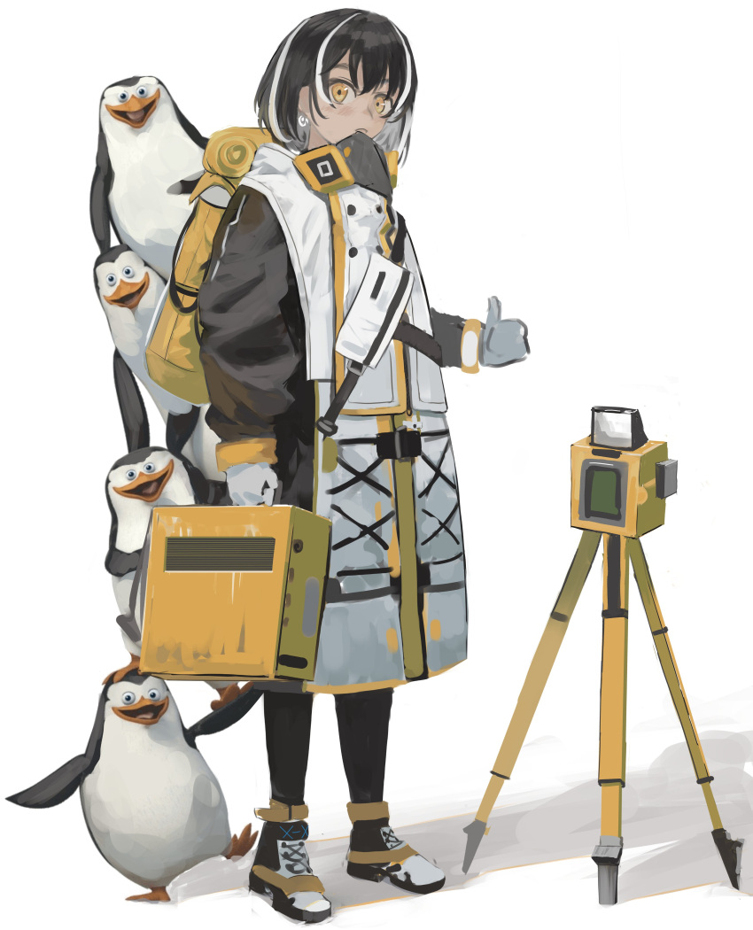 1girl, absurdres, animal, arknights, bird, bird_mask, briefcase, brown_hair, earrings, gloves, hair_between_eyes, highres, holding, holding_briefcase, jewelry, kowalski_(the_penguins_of_madagascar), long_sleeves, looking_at_viewer, magallan_(arknights), mask, mask_around_neck, multicolored_hair, penguin, private_(the_penguins_of_madagascar), rico_(the_penguins_of_madagascar), short_hair, simple_background, skipper_(the_penguins_of_madagascar), smile, streaked_hair, the_penguins_of_madagascar, theodolite, thumbs_up, two-tone_hair, ujin_holo, white_background, white_gloves, white_hair, yellow_eyes