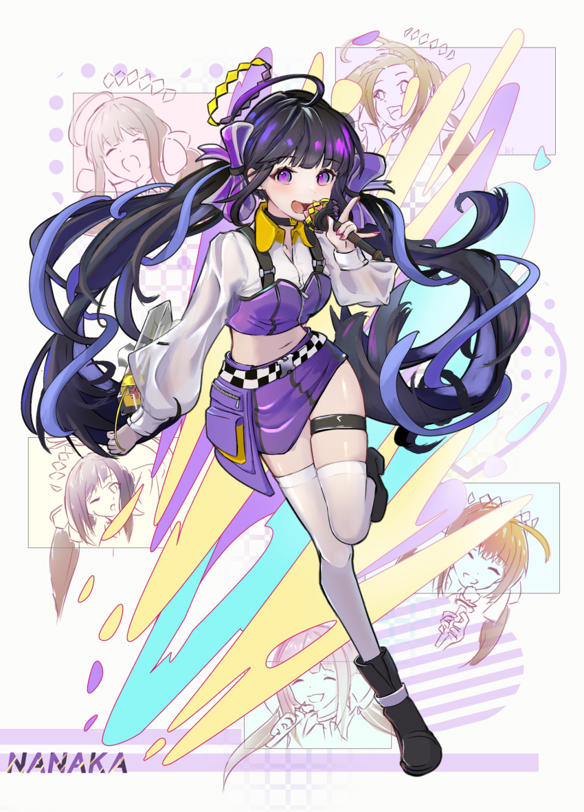 1girl, abstract_background, absurdres, ahoge, black_boots, black_hair, blue_hair, blush