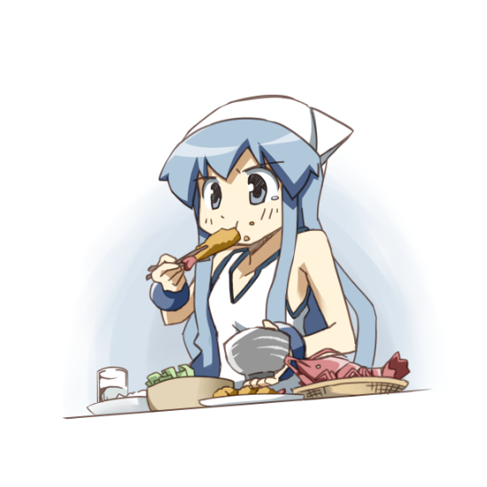 blue_hair, bowl, dress, eating, hat, ikamusume, kaka_(kirby126), lobster